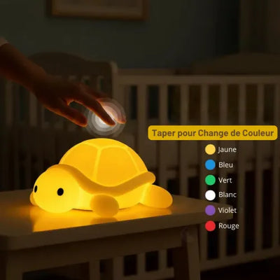 Veilleuse bébé tortue LED interactive à changement de couleur tactile (jaune, bleu, vert), idéale chambre bébé.