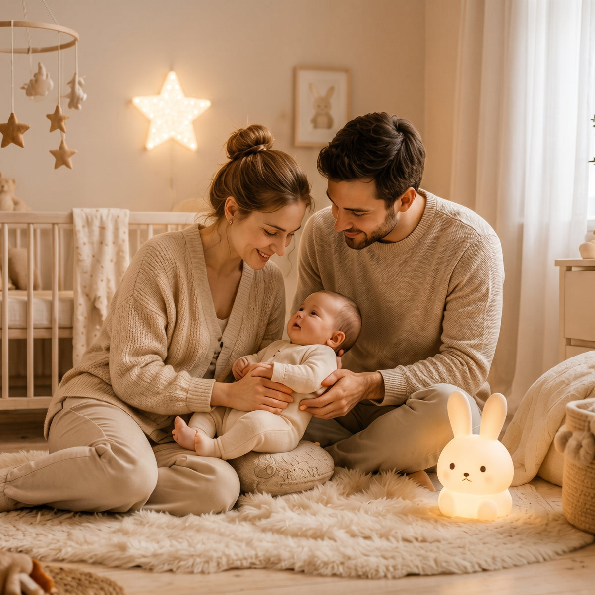 Parents avec leur bébé dans une chambre douce et lumineuse