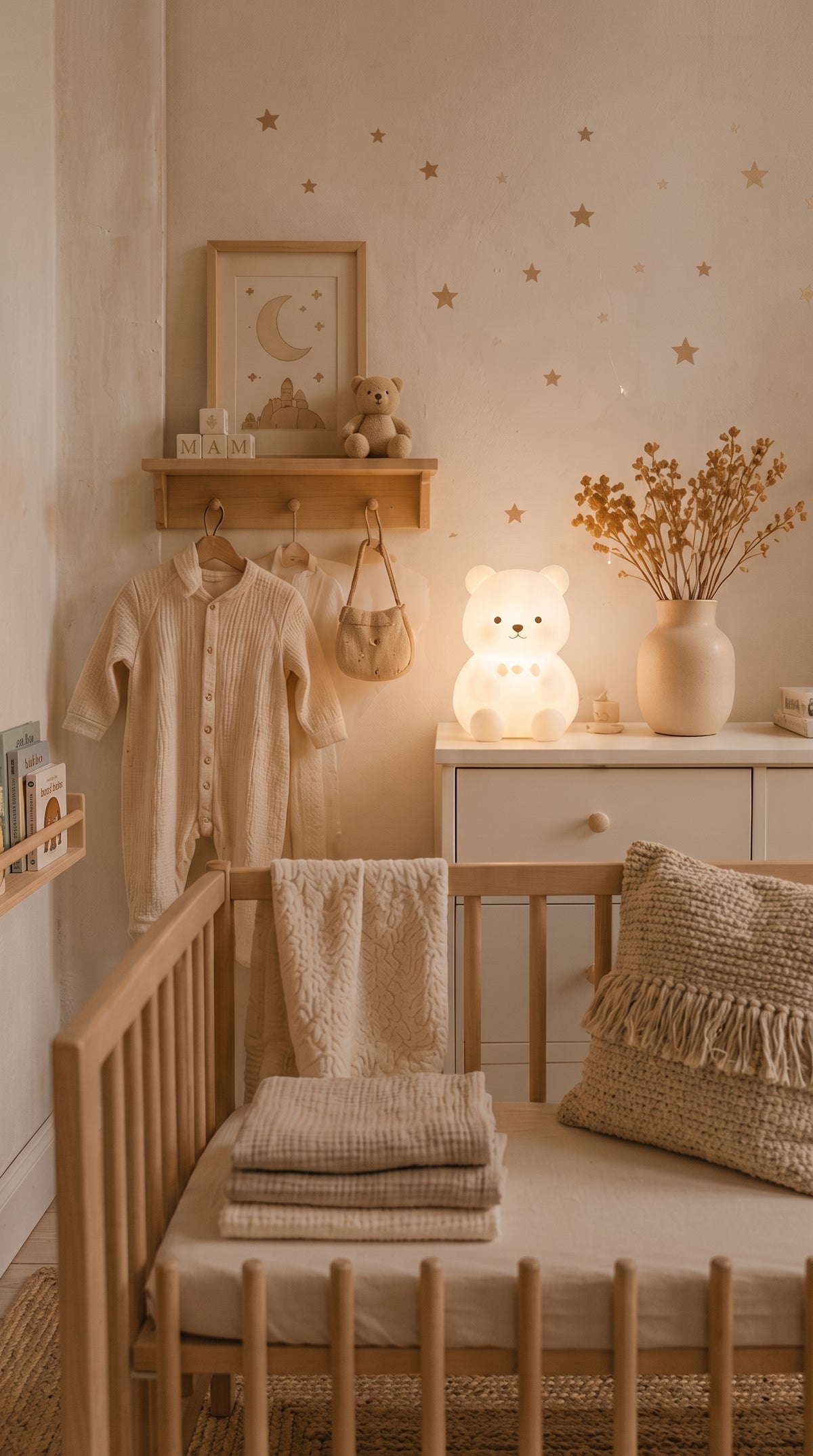 Étagère de chambre de bébé avec veilleuse ourson et décoration naturelle