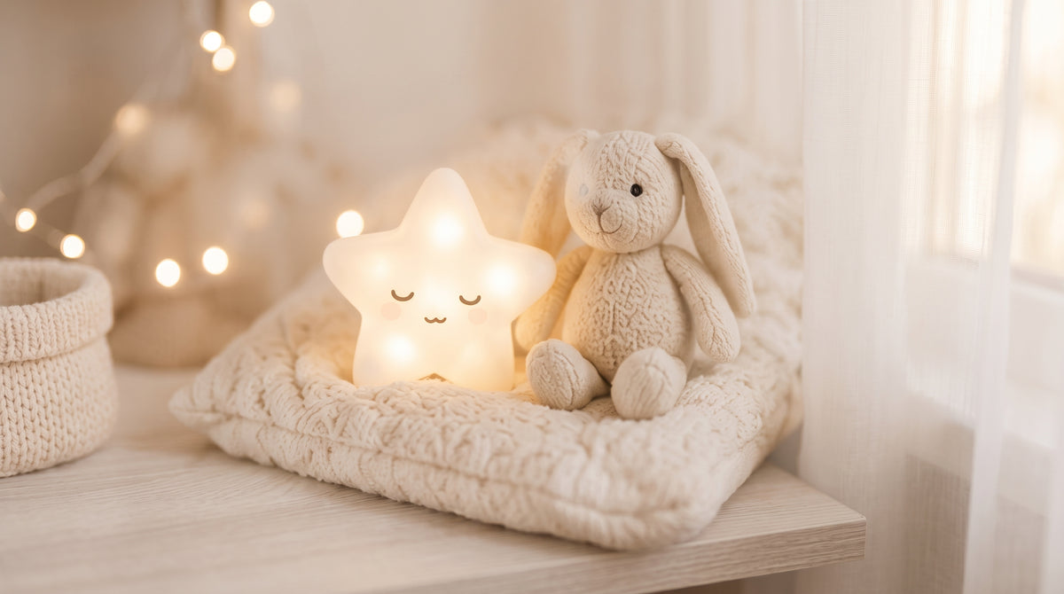 Veilleuse étoile et peluche lapin posées sur une couverture douce