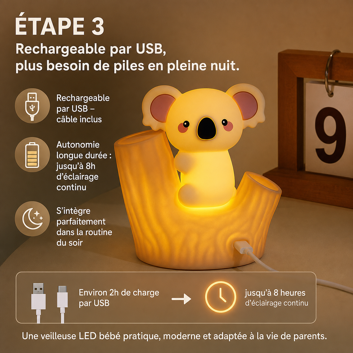 Rechargeable par USB, plus besoin de piles en pleine nuit.