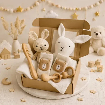 Coffret cadeau bébé naissance avec doudou lapin, hochet en bois et accessoires doux