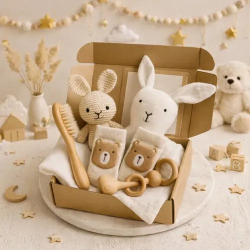 Coffret cadeau bébé naissance avec doudou lapin, hochet en bois et accessoires doux