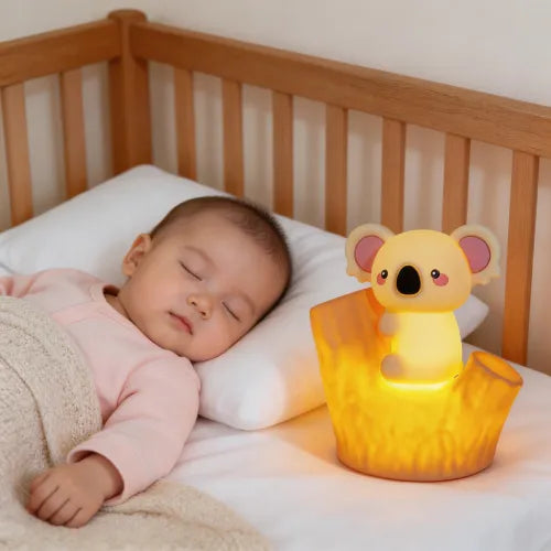 La veilleuse koala diffuse une lumière douce et chaleureuse, idéale pour accompagner votre enfant vers un sommeil profond et serein