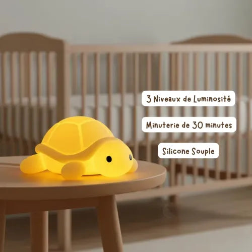 Veilleuse bébé tortue en silicone souple avec 3 niveaux de luminosité, minuterie de 30 minutes et lumière douce, idéale pour endormir bébé en toute sécurité.