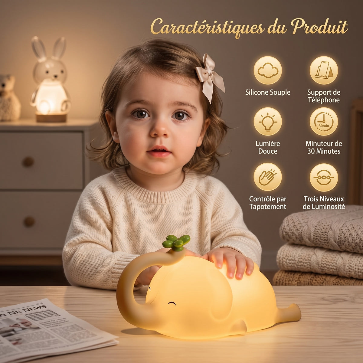 🐘 Veilleuse Bébé Éléphant – Lampe LED Tactile pour des Nuits Sereines